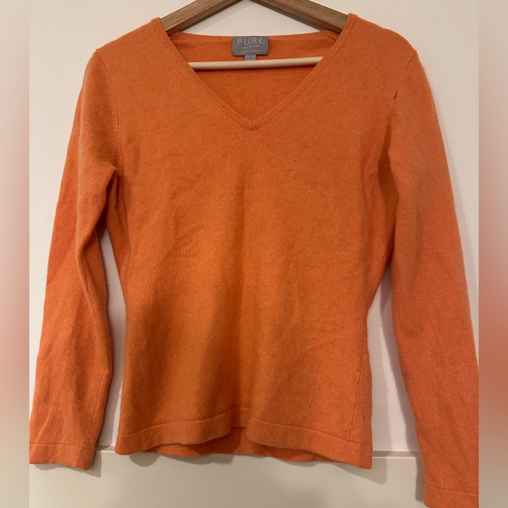 Pure Collection Vibrant Orange Long Sleeve 100 %‎ cashmere v-neck